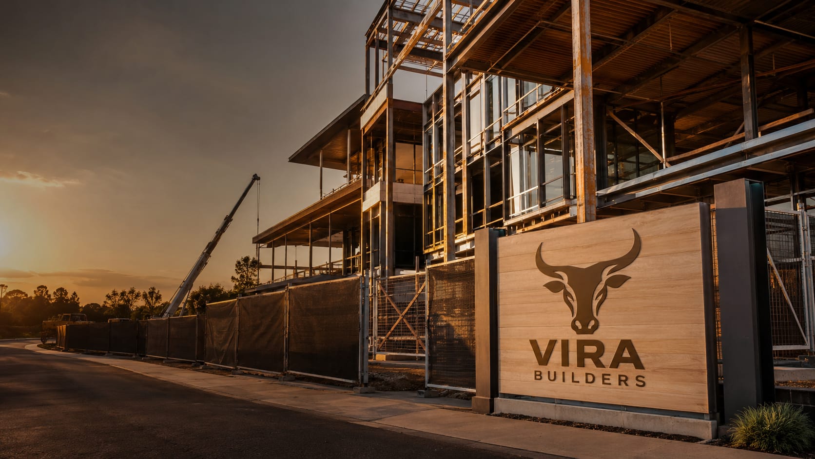 Modern architectural construction site at sunset