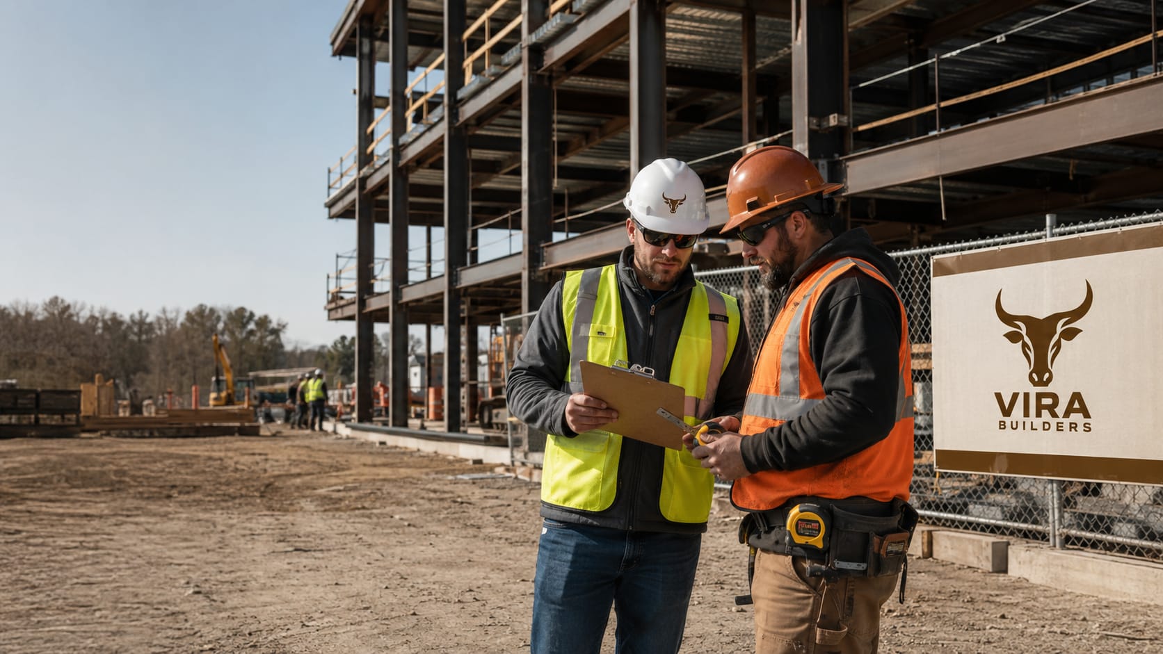 Skilled artisan inspecting structural frame on construction site