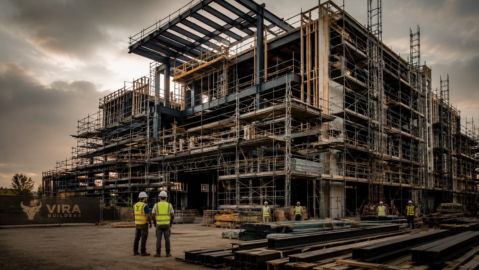 Active construction site during golden hour